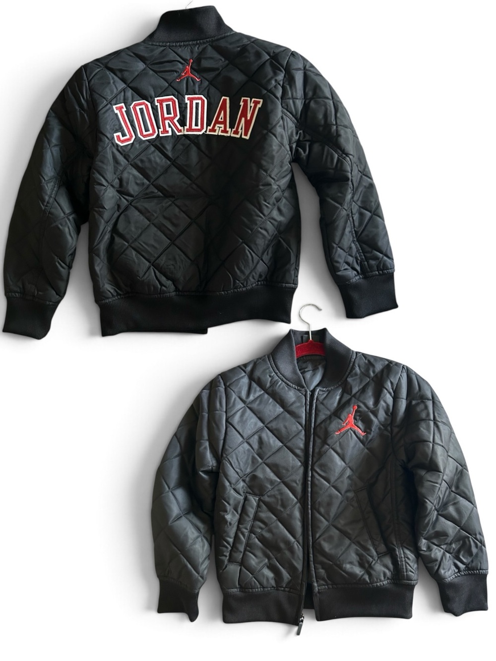 Jordan Black Quilted Bomber Jacket with Red Logo Lettering